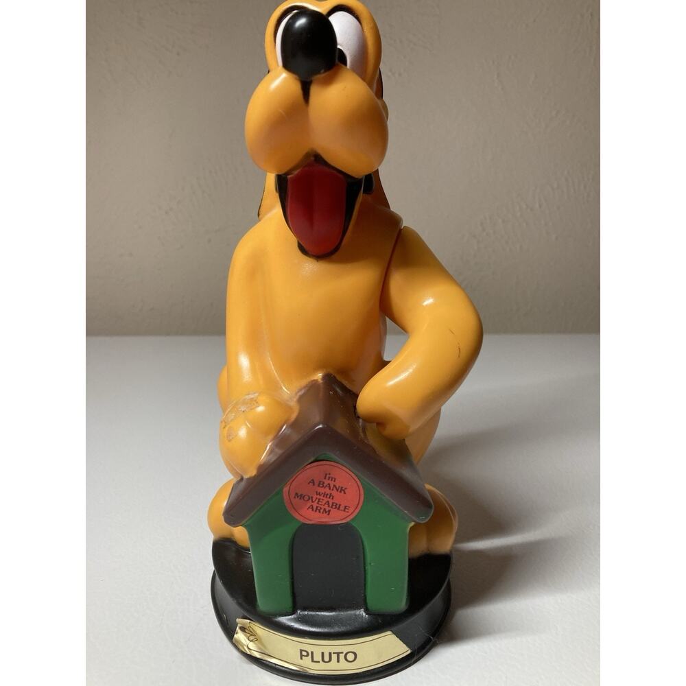 Vintage Walt Disney Productions PLUTO W/ Movalble Arm Piggy Coin Bank Dog House